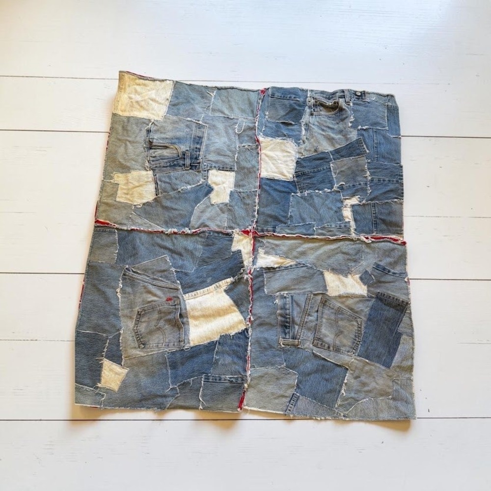 Vintage Upcycled Handmade Patchwork Denim Throw Blanket Levis Pockets Bandana